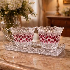 Vintage Hofbauer Byrdes Flashed Crystal Creamer Sugar Bowl w Tray Ruby Red